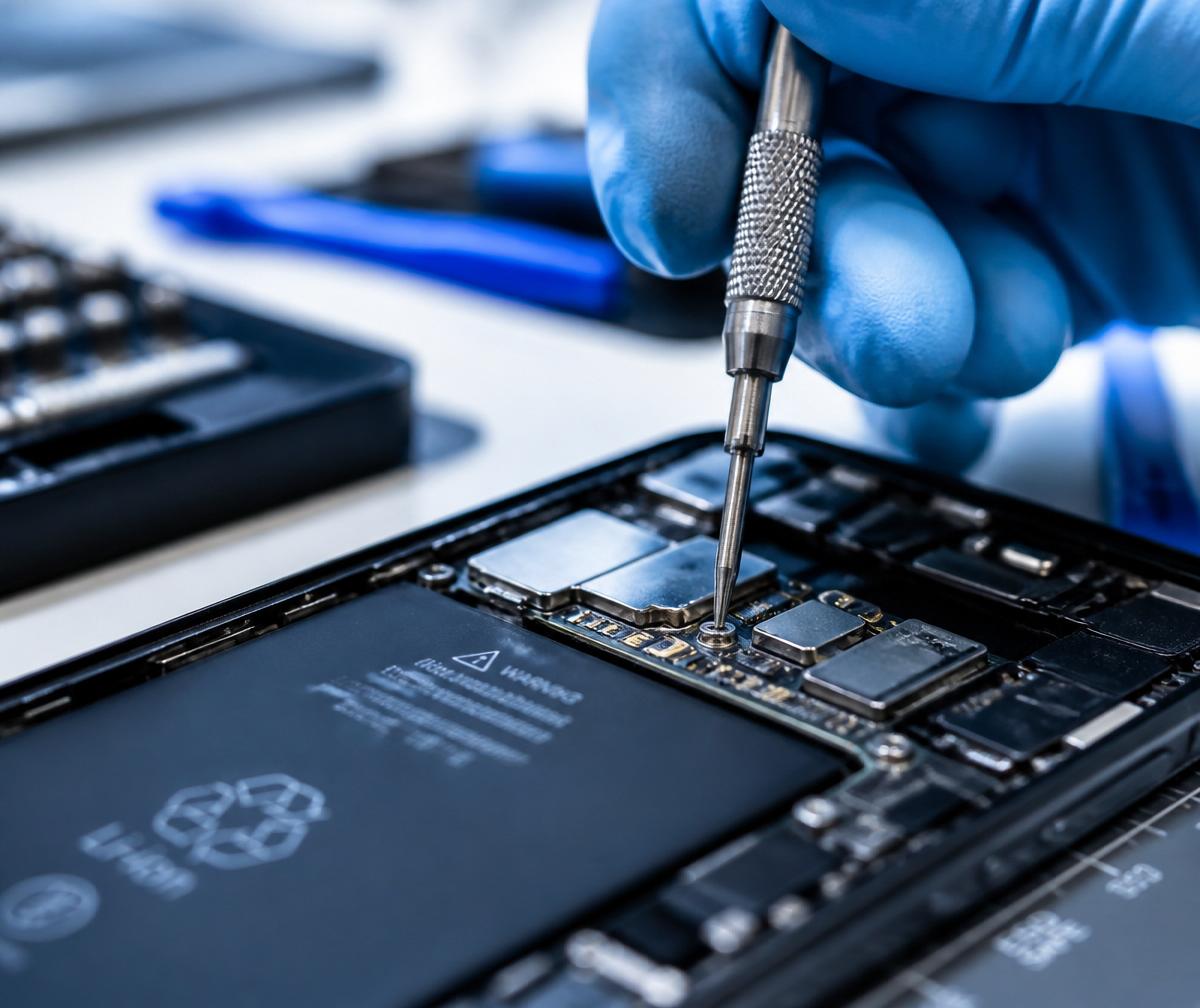 Technician repairing a smartphone circuit board with precision tools